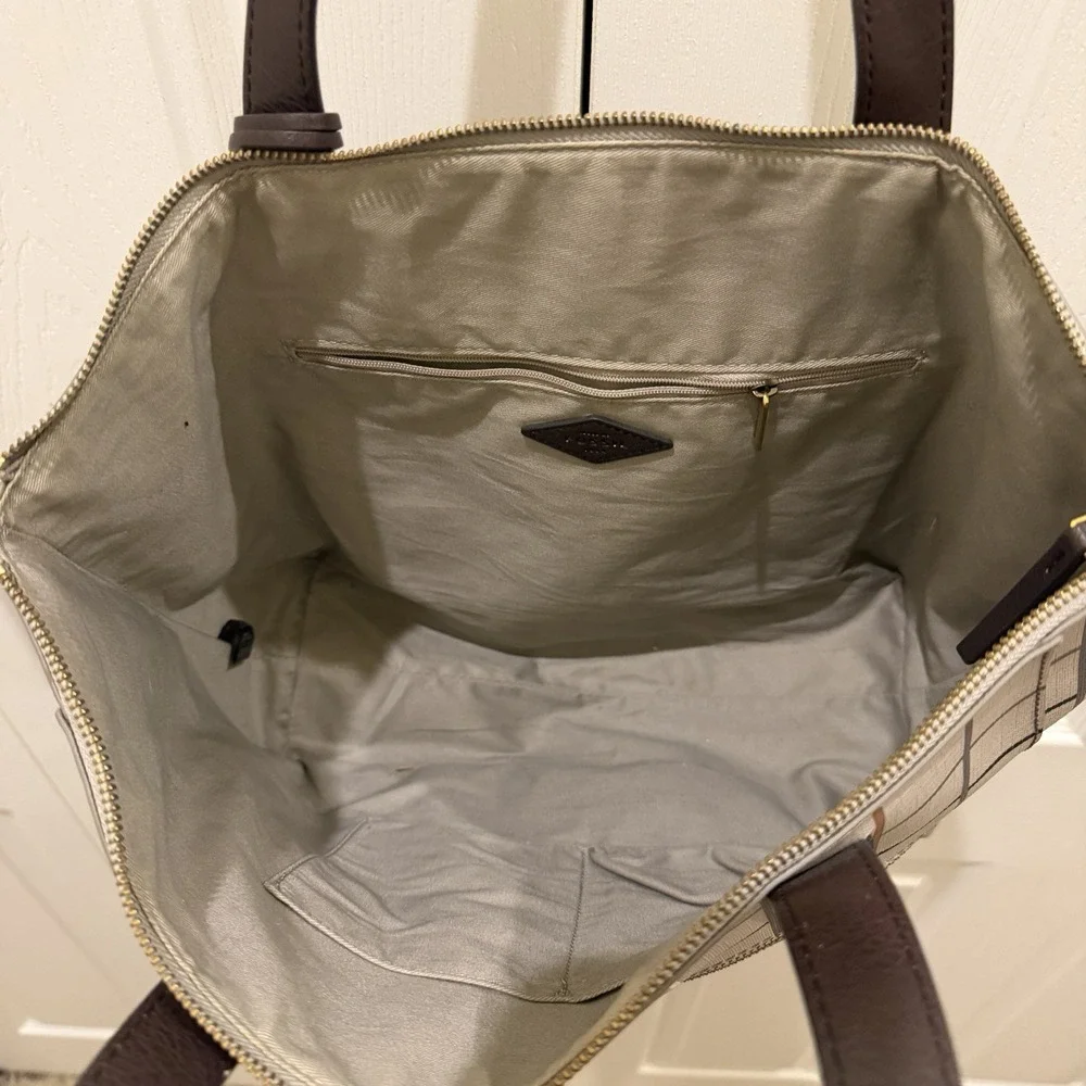 Fossil Sydney Large Tote Bag Gray Black Brown Plaid Windowpane PVC 17x12x4 - Picture 9 of 12